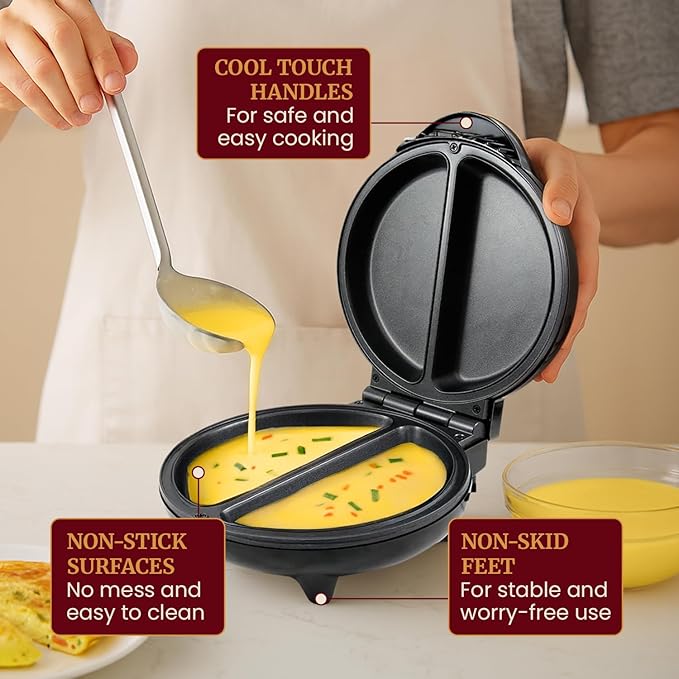 Elite Gourmet EOM205 Non-Stick Omelet Frittata Snack Pocket Maker for 2 Individual 6.5" Omelets, Stainless Steel and Black