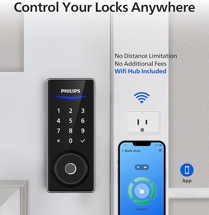 Philips Wi-Fi Smart Door Lock, Keyless Entry Door Lock with App Control,Fingerprint ID,Auto Lock,Keypad Deadbolt with Wi-Fi Bridge Adaptor,Smart Locks for Front Door-Satin Nickel