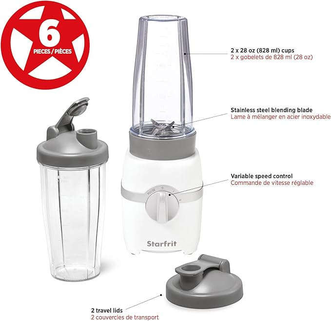 Starfrit Personal Blender - Two 828ml Cups - High, Low & Pulse Modes - 300W - White