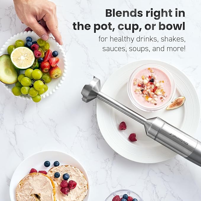 Elite Gourmet EHB1324 Cordless, Rechargeable Hand Blender, Variable 5-Speed Blending, One-Touch Power Button & Safety Lock, Stainless Steel Blades, Portable, Sauces, Soup, Smoothies, Baby Food, Gray