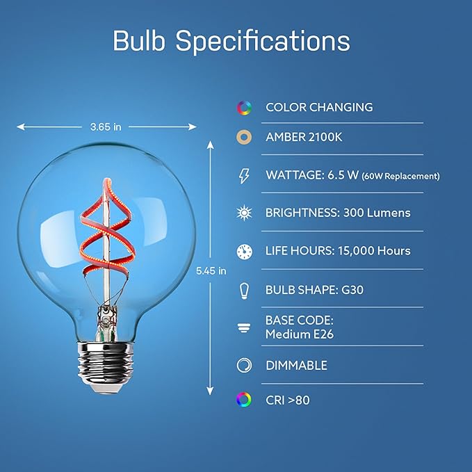Feit Electric 60 Watt Equivalent Smart Filament Globe Bulb, Spiral Filament WiFi Dimmable, Works with Alexa and Google Assistant No Hub Required, G30 Vanity LED Smart Light Bulb G3060/RGBW/FIL/AG