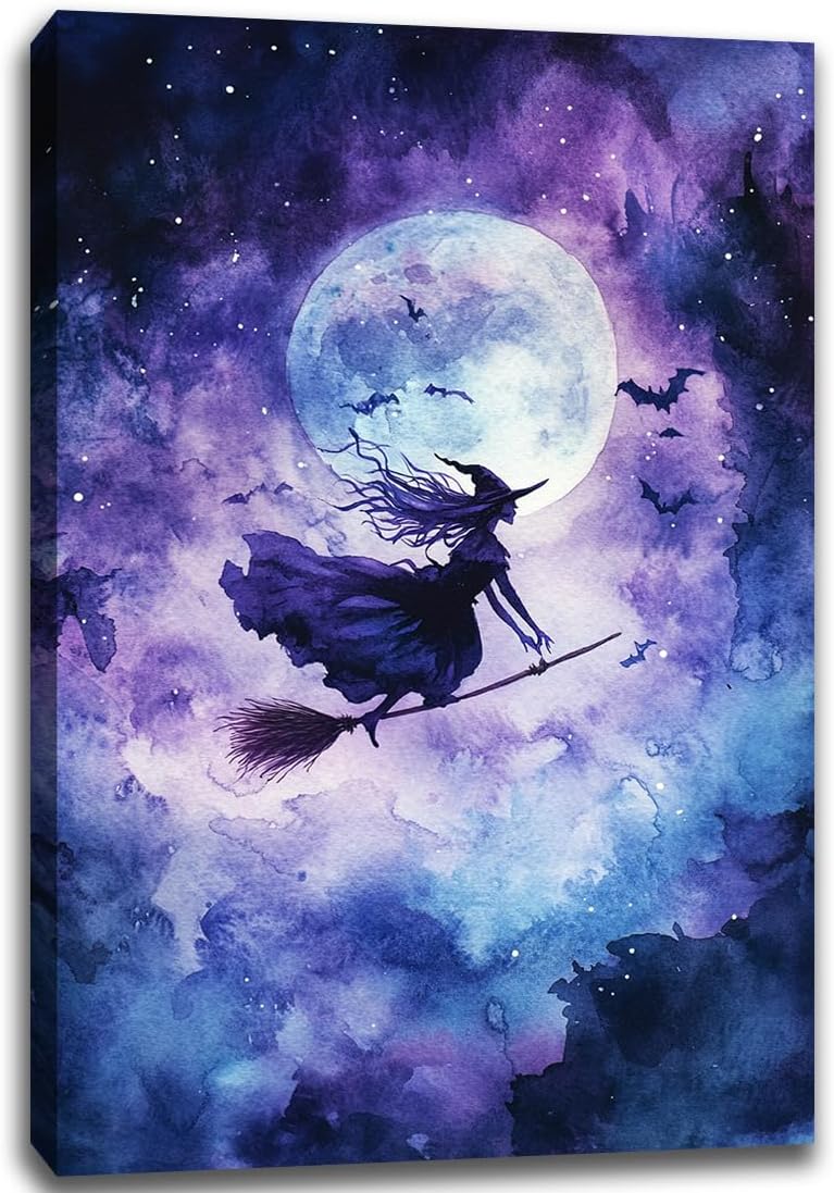 Witch On Broom Flying Wall Art,Gothic Halloween Canvas Wall Art,Victorian Witch Silhouette In Moonlight Broomstick Poster Pictures,Creepy Halloween Purple Night Sky Print,8"x12" Framed