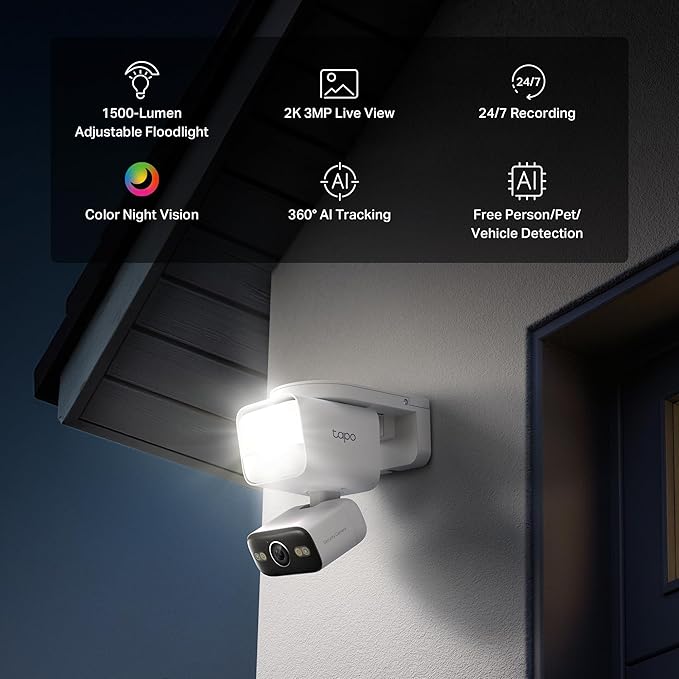 Tapo 2K Outdoor Pan/Tilt Wired Floodlight Security Camera - 1500 Lm Dimmable, 360° AI Motion Tracking, Person/Vehicle Detection, 24/7 Recording, Subscription-Free Local Storage or Optional Cloud, C710