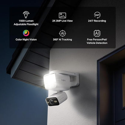 Tapo 2K Outdoor Pan/Tilt Wired Floodlight Security Camera - 1500 Lm Dimmable, 360° AI Motion Tracking, Person/Vehicle Detection, 24/7 Recording, Subscription-Free Local Storage or Optional Cloud, C710