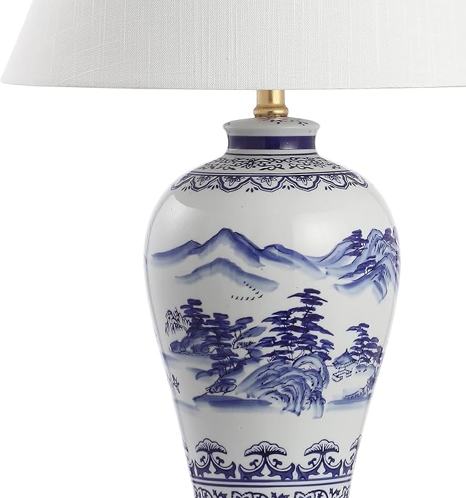 JONATHAN Y 26.5" Blue and White Ceramic Ginger Jar Table Lamp, Traditional Chinoiseries Landscape for Bedroom Living Room, White Linen Empire Shade, LED Bulb Included JYL6610A