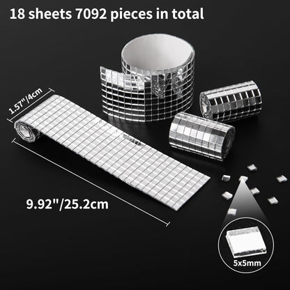 Art3dwallpanels 18 Pack Self-Adhesive Glass Mirror Mosaic Tiles 7092 Pieces Small Square Mirror Tiles Sticker for DIY Craft Decoration, Disco Ball Silver