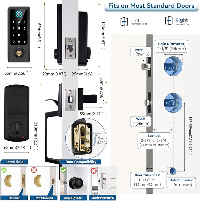 Fingerprint Door Lock with Handle Sets, BEBASIA Keyless Entry Door Lock, Bluetooth Front Handle Set, Smart Deadbolt, Electronic Keypad Digital Lock with Handle, Black