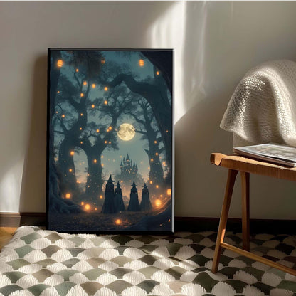 JFHCQJPK Mysterious creek painting witch and castle in magic forest art print canvas gothic print dark college decoration poster for home bedroom8x12in Metal blackFramed