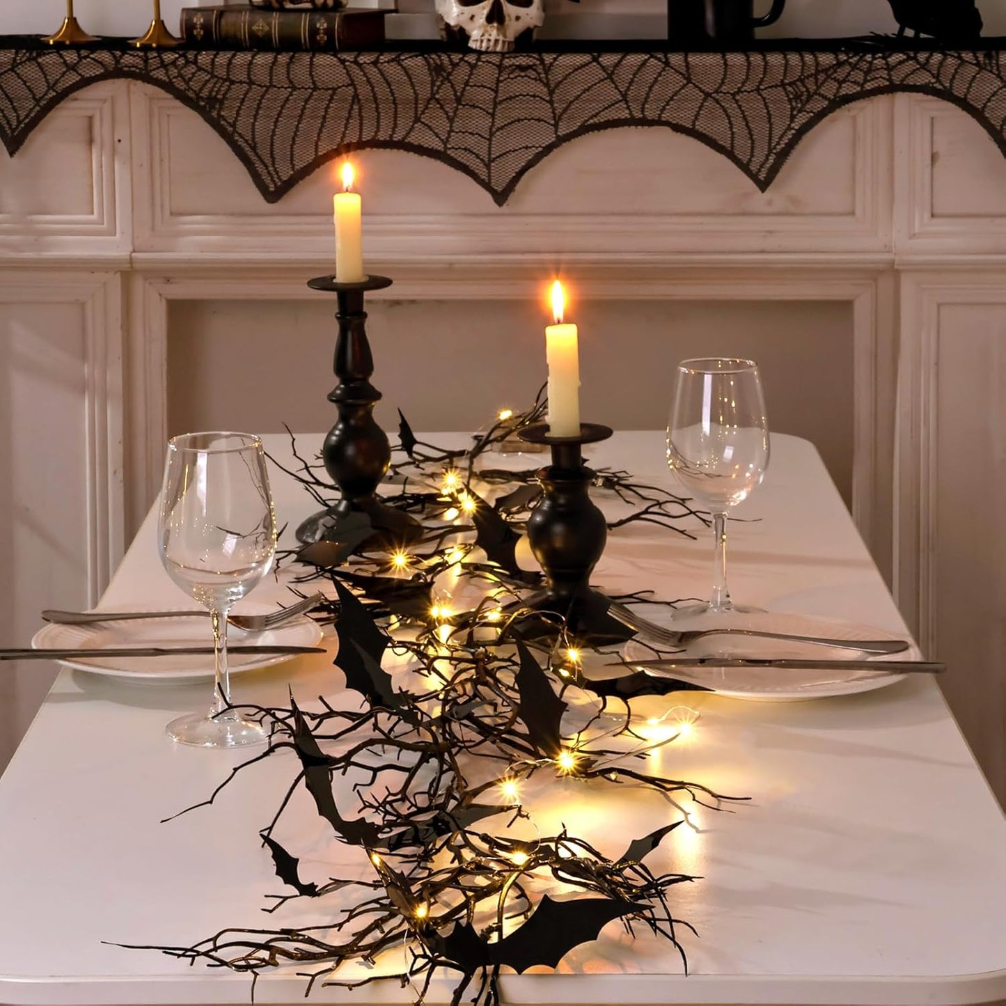 Gothic Halloween Banner: 1pc Haunted Bat Dark Dead Branch Halloween Party Banner with LED Lights, Decorative Bat Vine Twig Garland Decorations for Home Wall Mantel Doorways Front Decor