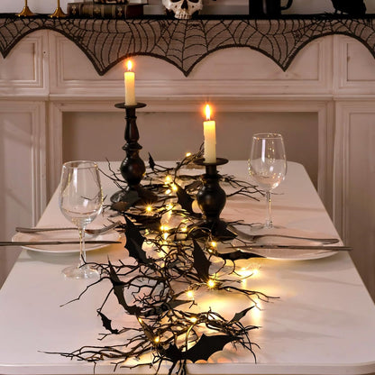 Gothic Halloween Banner: 1pc Haunted Bat Dark Dead Branch Halloween Party Banner with LED Lights, Decorative Bat Vine Twig Garland Decorations for Home Wall Mantel Doorways Front Decor