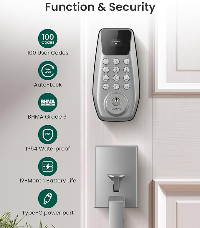 DESLOC C100 Keyless Entry Door Lock with Keypad, Smart Deadbolt Lock for Front Door with 2 Keys, Auto Lock, Easy Installation, 100 PIN Codes, IP54 Waterproof, BHMA Grade 3, Silver