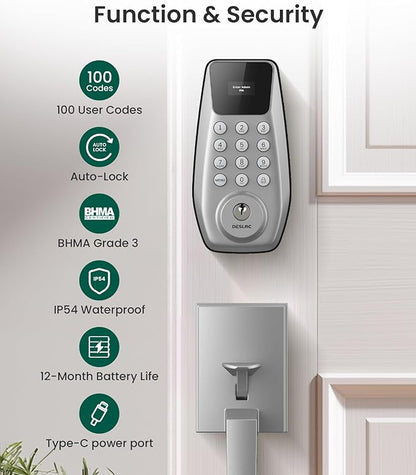 DESLOC C100 Keyless Entry Door Lock with Keypad, Smart Deadbolt Lock for Front Door with 2 Keys, Auto Lock, Easy Installation, 100 PIN Codes, IP54 Waterproof, BHMA Grade 3, Silver