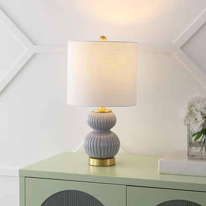 JONATHAN Y 20" Gray/Brass Gold Ribbed Gourd Glass Table Lamp, Modern Bedside Lamp for Bedroom Living Room, White Linen Drum Shade, LED Bulb Included (JYL1099C)