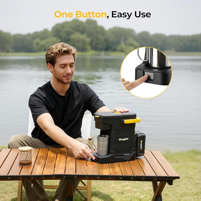 BougeRV Coffee Machine with 18V 8Ah Battery Powered Compatible with K Cup Coffee Pods & Ground, Cordless Coffee Maker for Travel Camping Outdoor Worker Home