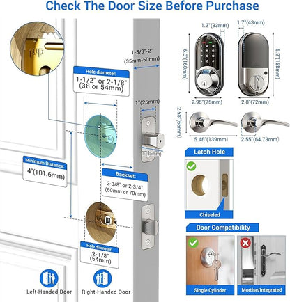 Veise RZ07B Smart Locks for Front Door, 2 Lever Handles, Fingerprint Keyless Entry, App Control Biometric Door Lock Set, Touchscreen Keypad Deadbolt, Easy Install, Auto Locking, Satin Nickel