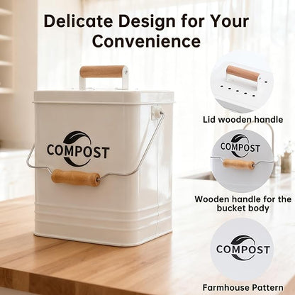 Kitchen Compost Bin, 1.7 Gallon Countertop Compost Bin with Lid and Charcoal Filter, Kitchen Composter for Food Waste, Rust Proof Indoor Bucket, White