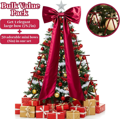 OurWarm Christmas Tree Topper Bow with Long Ribbon, 27.5 x 78.7 Inch Large Red Christmas Bow with 30 Small Red Velvet Bows for Christmas Tree, Christmas Tree Bows for Home Wreath Car Outdoor Decor
