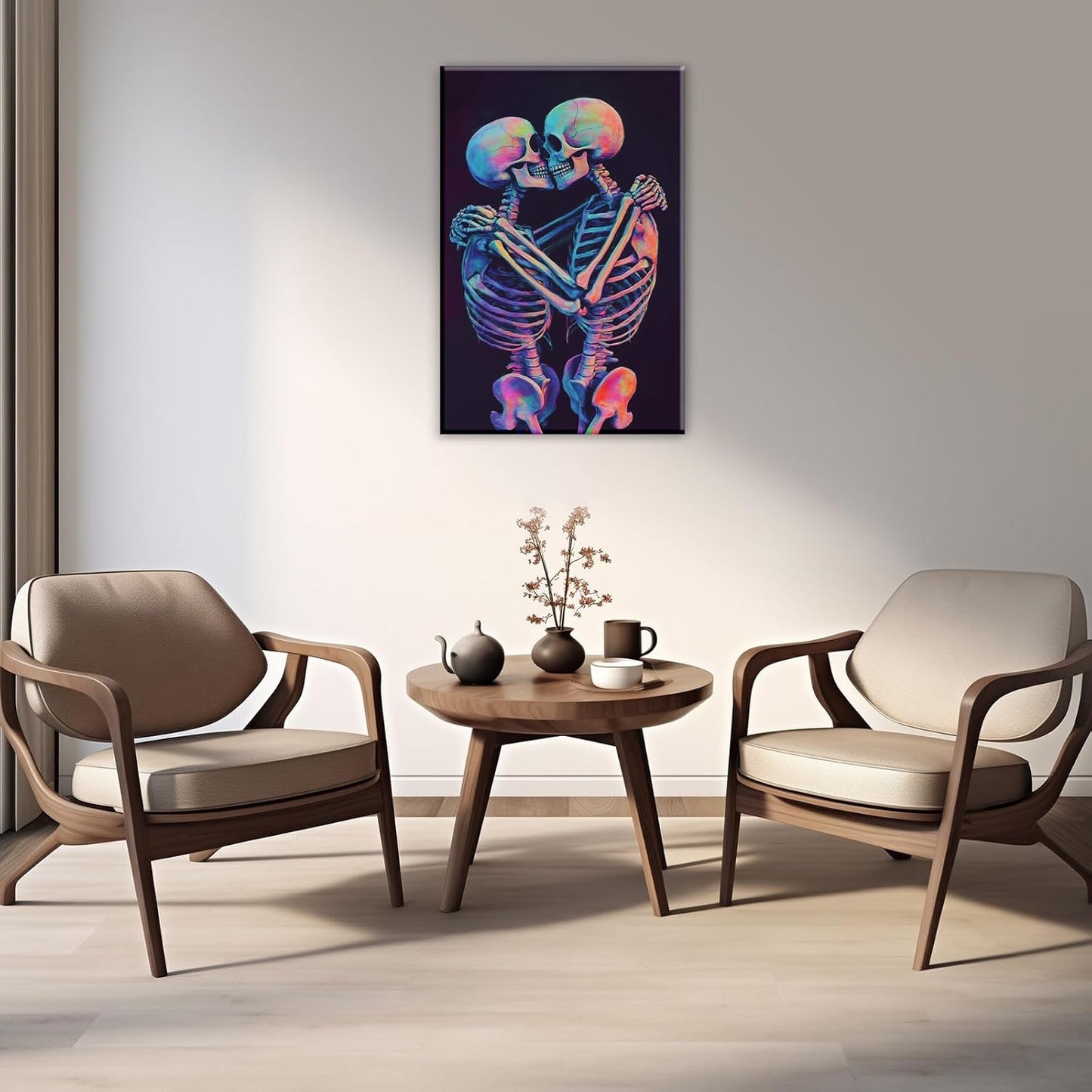 Skeleton Wall Art Kissing Skull Art Poster Skeleton Lover Picture Print On Canvas Abstract Horrible Theme Painting Framed Artwork Living Room Decor(Artwork-3,20"x30")