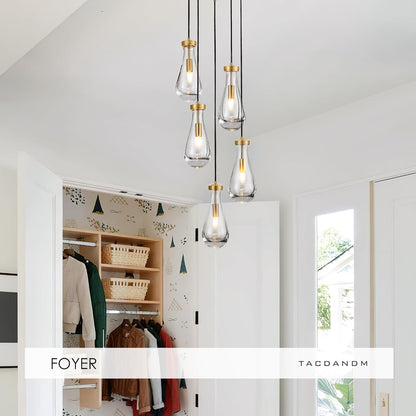 5-Light Raindrop Pendant Light Fixtures, Brass Glass Pendant Lighting, Teardrops Modern Hanging Light for Entryway Foyer Kitchen Island Dining Living Room Hallway
