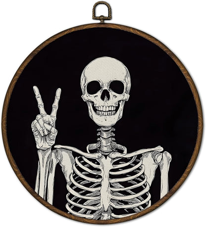 cvjutf Gothic Skeleton Wall Art Decor Framed, Dark Academia Decor, Witchy Halloween Round Wall Decor, Gothic Halloween Skull Canvas Prints Art for Gallery Bathroom Living Room, 10x10 Inch