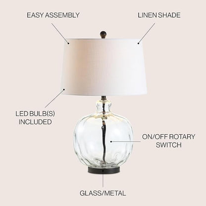 JONATHAN Y 26.5" Clear Glass and Black Metal LED Table Lamp, Transitional Farmhouse Bedside Nightstand Lamp with White Linen Shade, UL Listed, LED Bulb Included JYL1067A