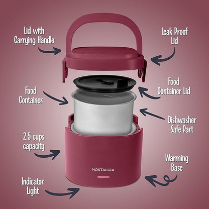 Nostalgia 20-Oz Heated Electric Lunch Box – Portable Food Warmer for Office, Travel, & Car - Perfect for Soup, Pasta, & Light Meals– Leak-Proof Lid, Foldable Handle, Detachable Cord – Cranberry