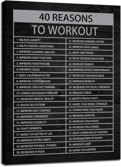 Motivational Canvas Painting Wall Art Success Quote Wall Art 40 Reasons to Workout Inspirational Poster Positive Artwork Prints Picture Modern Home Wall Decor Gym Office Framed[18" W x 24" H]