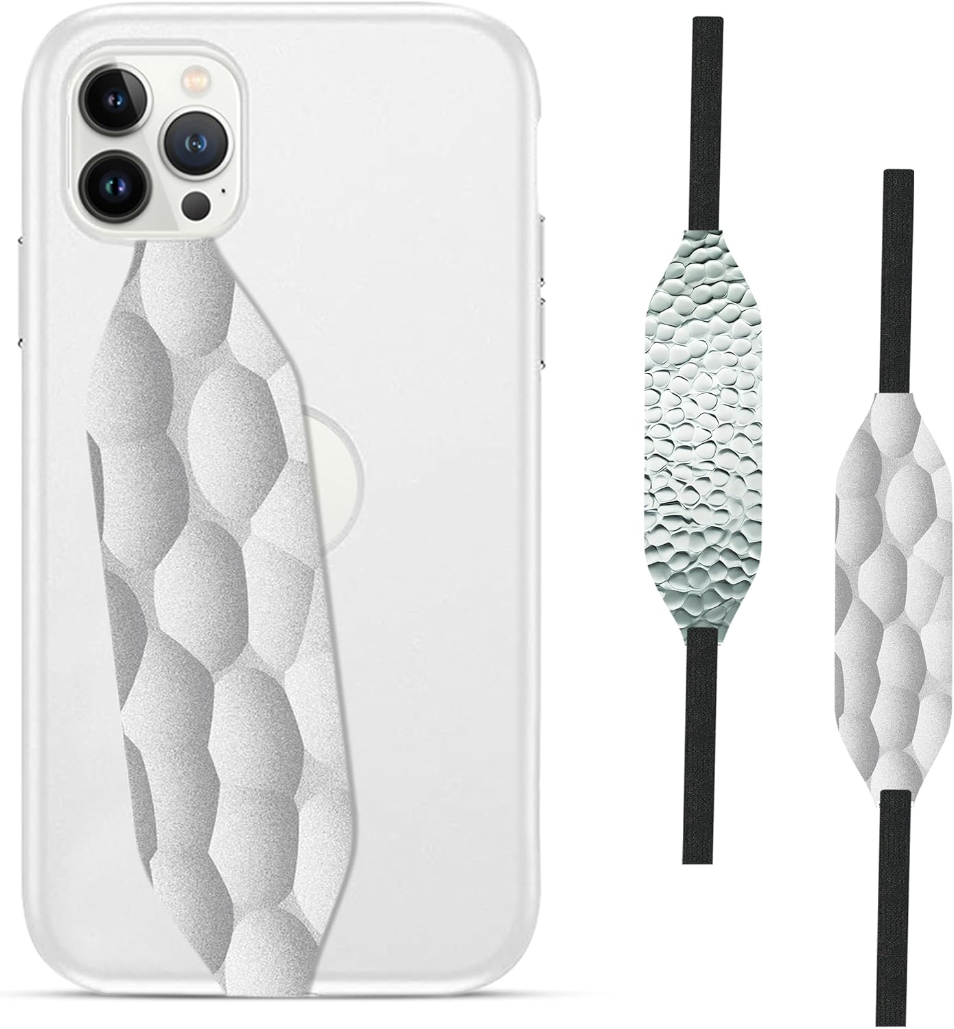 Phone Grip Strap - Pack of 2 Reversible Finger Holder for Phone Back, Customizable Anti-Slip Design, Wireless Charging Compatible Detachable Holder for iPhone - Hammered Metal Silver