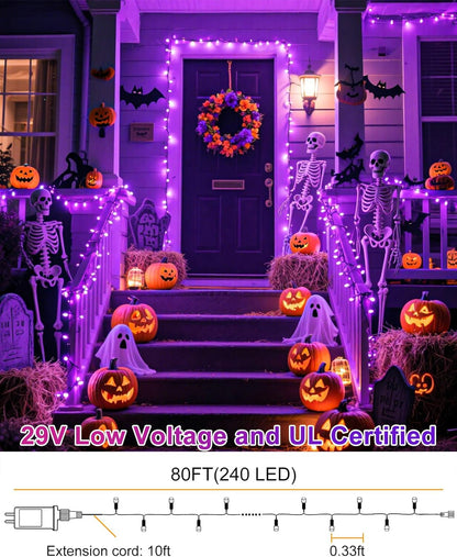 80FT 240 LED Halloween Lights Outdoor, Connectable Purple String Lights for Outside with Waterproof 8 Modes, Green Wire Twinkle Tree Light for Indoor Bedroom Patio Garden Party Holiday Decorations
