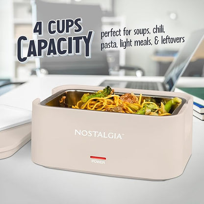 Nostalgia Portable Heated Lunch Box – 4-Cup Stainless Steel Food Warmer – Detachable Cord, Leak-Proof Lid, Carry Handle – Portable for Work & Travel – Oatmeal
