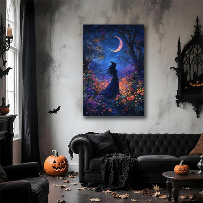Vintage Halloween Witch Decor Mystic Gothic Wall Art Poster,Enchanting Witch Fall Whimsical Wildflowers Woodland Forest Crescent Moon Picture Art,Creepy Witchy Home Decor,16"x24" Unframed