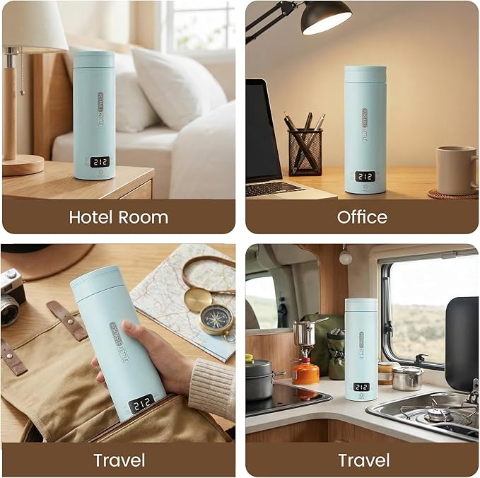 Portable Electric Kettle for Travel, Small Hot Water Kettle with NTC Temperature Control and Auto Shut-Off, 316 Stainless Steel, Blue 110V & 15oz