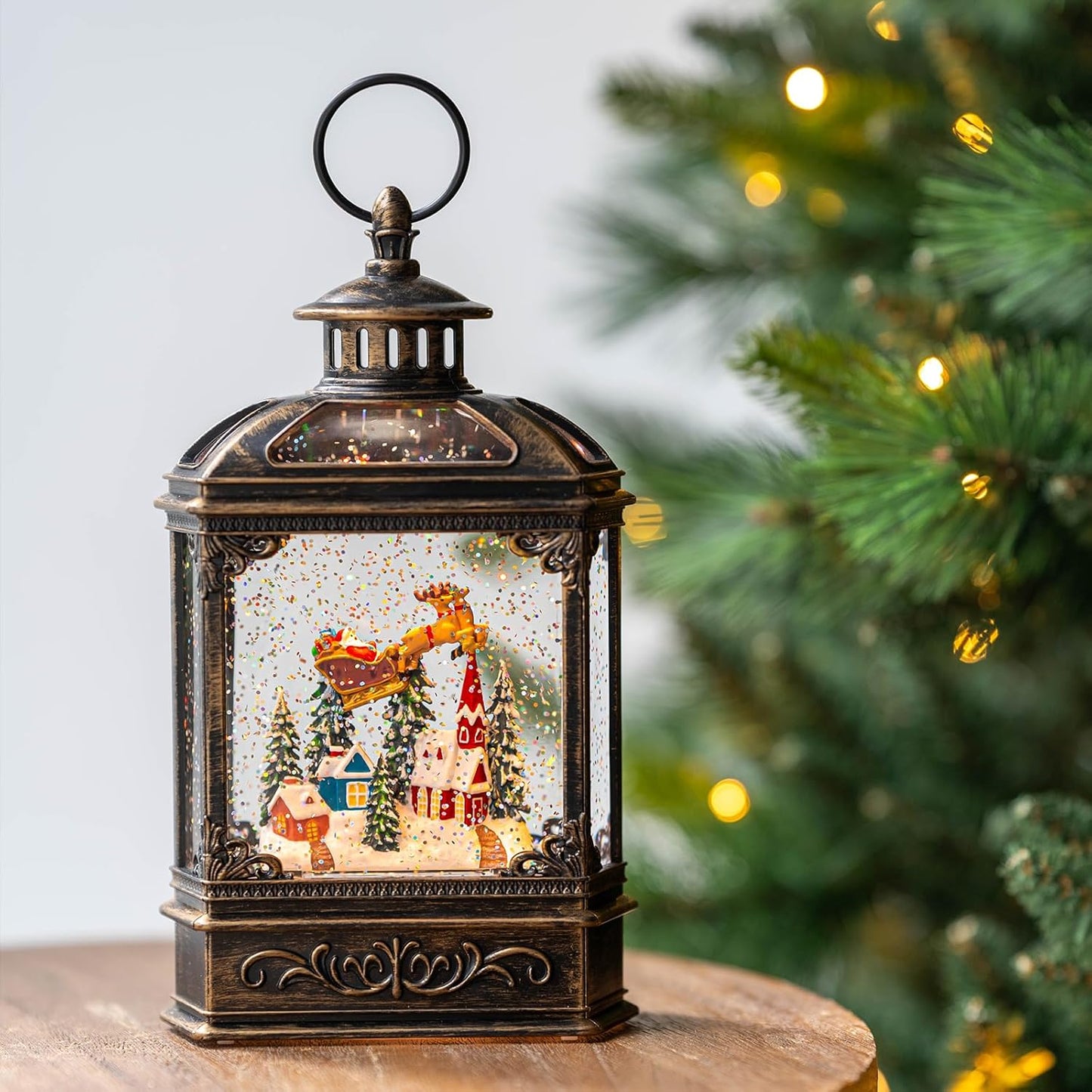 Christmas Snow Globe Swirling Glittering Lantern Santa Flying with Reindeer, USB Lined/Battery Operated Lighted Water Lantern for Christmas Festival Decoration Gifts