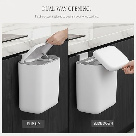 MUEE Hanging Compost Bin [2.3 Gal Max Volume] Heavy Duty Scrap Collector for 4-5 Person Households - Under Cabinet Large Trash Can with Slide Lid for RV & Heavy Prep - Matte White