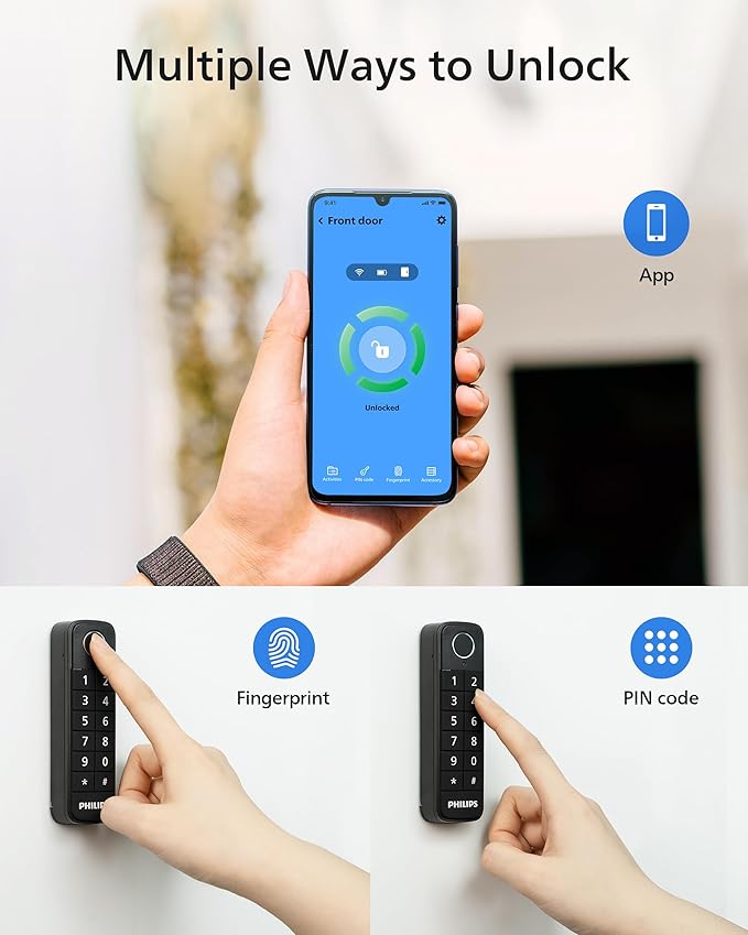 Philips WiFi Smart Lock with Fingerprint Keypad, Smart Deadbolt Smart Door Lock, Built-in WiFi, APP Remote Control, Keyless Entry Door Lock, Auto-Locking, Status Logging, Black
