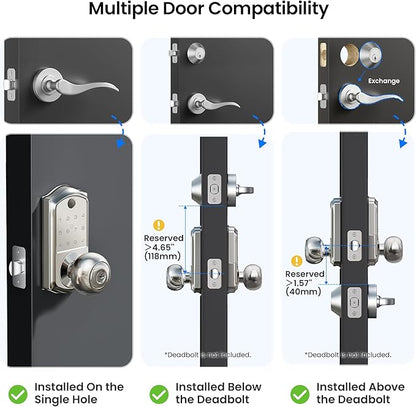 Veise VE018 Smart Knob Handle Lock - Fingerprint, App Control, Keyless Entry for Front Door and Bedroom, Electronic Digital Keypad, Auto Lock, Remote Access Sharing, IP55 Weatherproof, Satin Nickel