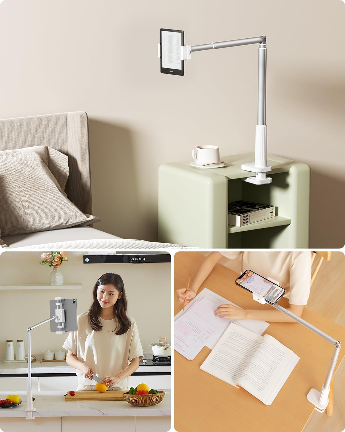 Viozon Tablet Holder Stand, Phone/Kindle Holder with Flexible Aluminum Alloy Long Arm, C Clamp for Headboard Bedside&Table, Compatible with 3.5-11" iPad,Kindle, iPhone 15 14 Plus/Pro Max,W