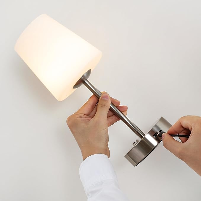 JONATHAN Y 12.75" Nickel Modern Rechargeable Cordless LED Table Lamp, Mini Portable Dimmable Touch Accent Lamp for Bedroom Vanity with Frosted White Glass Shade JYL7110A