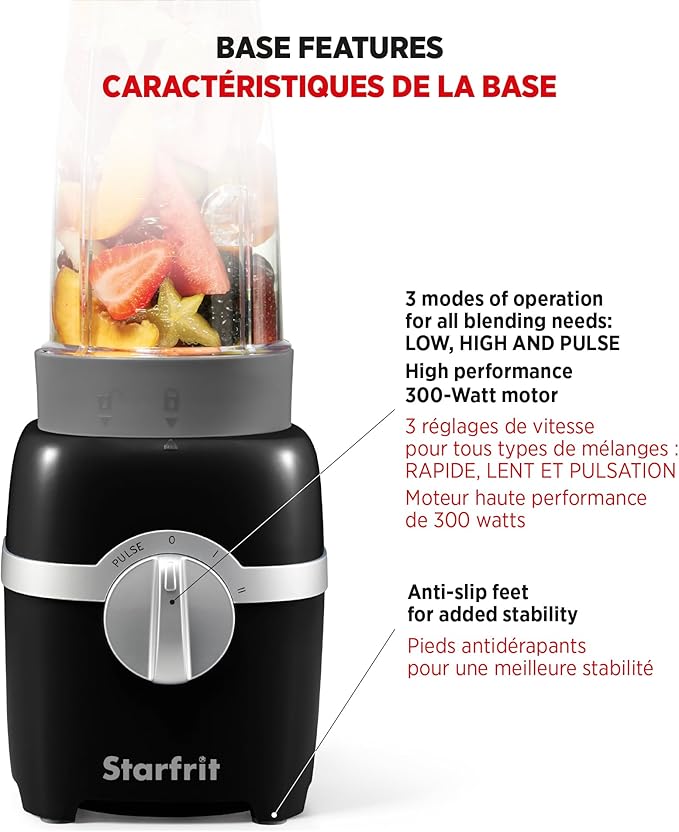 Starfrit Personal Blender - Two 828ml Cups - High, Low & Pulse Modes - 300W - Black