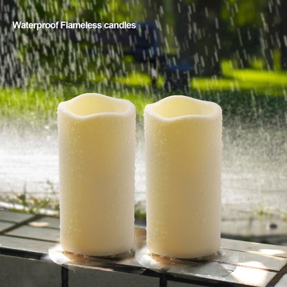 12PACK Outdoor Plastic flameless Candles with Remote Control and Timer, LED Flickering Battery Operated Electric Pillar Candles (D3 xH5.5) for Camping, Weddings, Home Decoration
