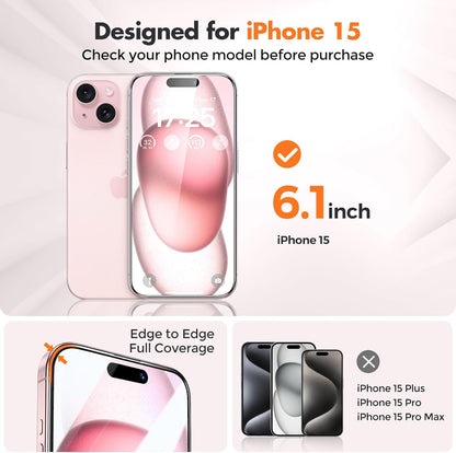 UNBREAKcable 3-Pack Screen Protector for iPhone 15, Double Shatterproof Tempered Glass [Easy Installation Frame] [99.99% HD Clear] [9H Hardness] [Full Coverage] [Case Friendly] for iPhone 6.1 inch