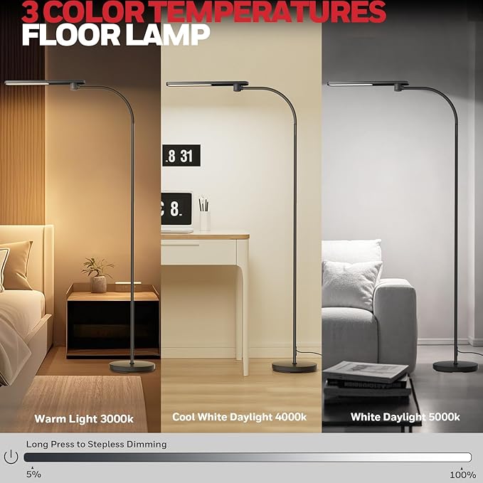 Honeywell F4 Sunturalux™ LED Floor Lamp, CRI 97 Full-Spectrum Eye-Caring Light, Stepless Dimmable Task Lamp with Flexible Gooseneck, 77.5" Tall Reading Lamp for Living Room & Office