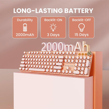 EWEADN V20 Typewriter Keyboard Wireless, 104 Keys Typewriter Style Mechanical with White Backlit, Media Knob, Pink Switch 2.4G/Bluetooth/USB-C Wired Retro Full Size Keyboard for Windows/Mac/PC-Pink