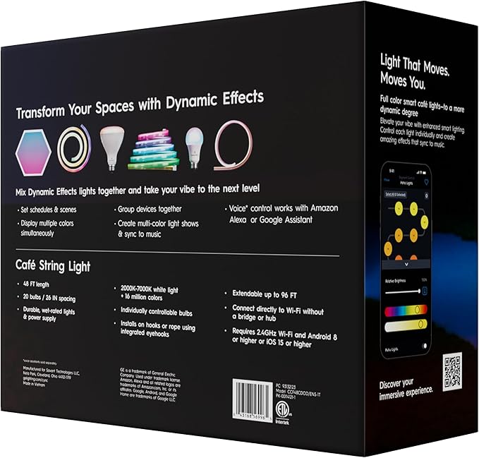 GE Cync Dynamic Effects Smart Cafe Lights, Color Changing Patio String Lights, Compatible with Alexa and Google, 48ft