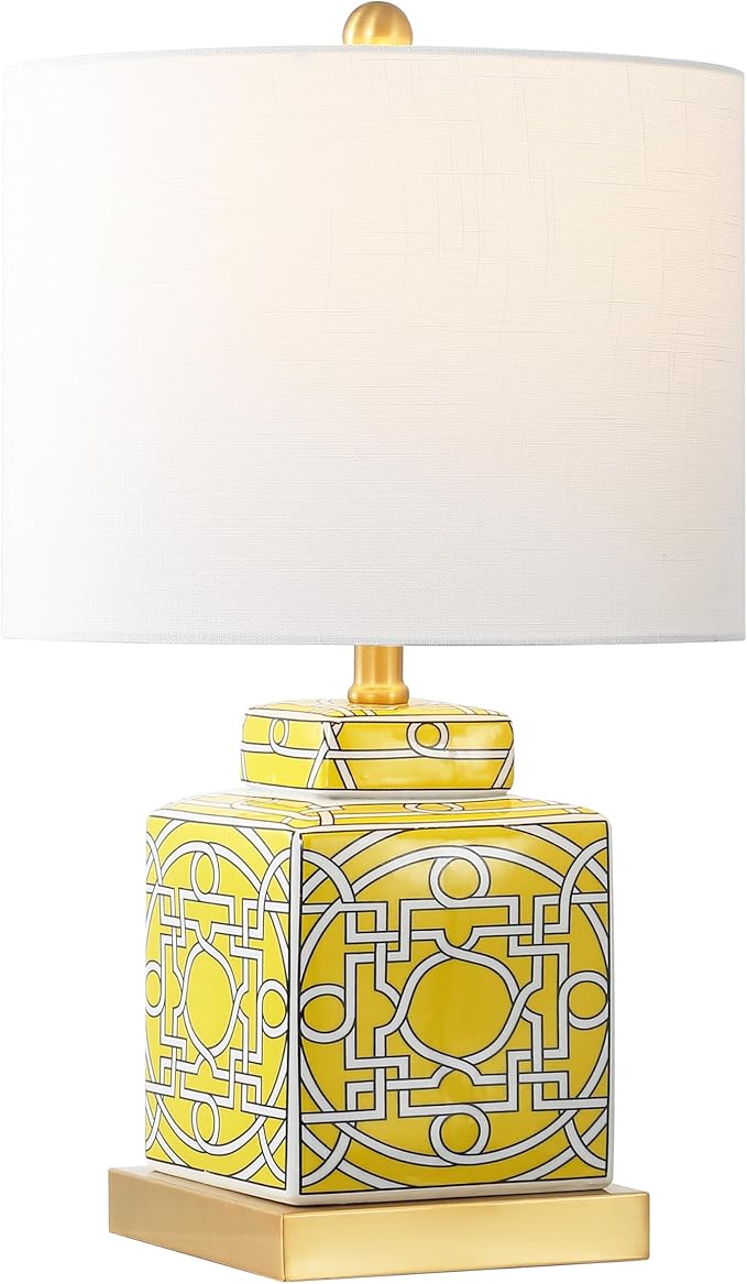 JONATHAN Y 22" Yellow/White Modern Ceramic Ginger Jar Table Lamp for Nightstand, Square Lattice Transitional Chinoiserie Lamp for Living Room, White Linen Shade, LED Bulb (JYL3044C)