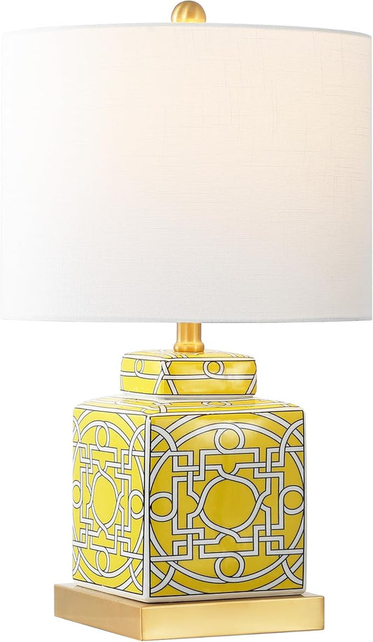 JONATHAN Y 22" Yellow/White Modern Ceramic Ginger Jar Table Lamp for Nightstand, Square Lattice Transitional Chinoiserie Lamp for Living Room, White Linen Shade, LED Bulb (JYL3044C)
