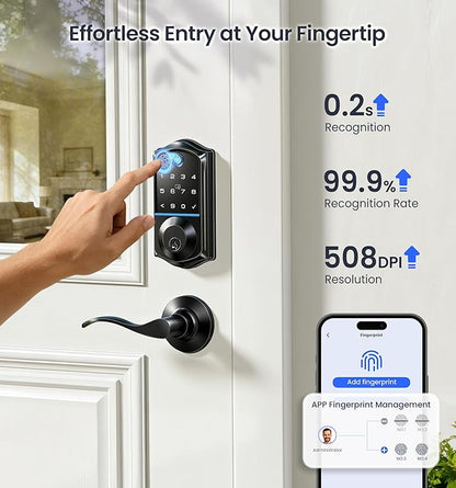 Veise VE017-L Fingerprint Smart Lock with Lever Handles, App Control, Keyless Entry Front Door Lock Set, Electronic Digital Keypad Deadbolt, Remote Grant, Emergency Power Port, Auto Lock, Matte Black