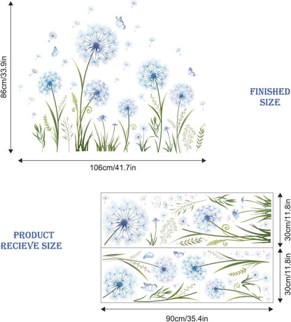 Dandelion Flower Butterfly Wall Decals Blue Dandelion Plants Floral Wall Stickers Peel and Stick Vinyl Wall Art Decor for Living Room Bedroom Office TV Sofa Backdrop Home Decor Gifts for Mom