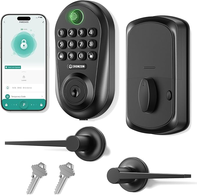 IRONZON Keyless Entry Door Lock Deadbolt with Handles Set Fingerprint Smart Door Lock with Keypad, Digital Auto-Locking Deadbolt, Electronic Entry Lock for Front Door Easy Installation
