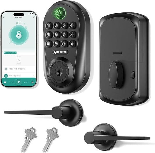 IRONZON Keyless Entry Door Lock Deadbolt with Handles Set Fingerprint Smart Door Lock with Keypad, Digital Auto-Locking Deadbolt, Electronic Entry Lock for Front Door Easy Installation